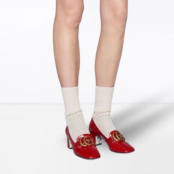 GUCCI Victoire Marmont GG Red Vernice Heel Size 37.5 Patent Leather Loafers - Picture 3 of 13